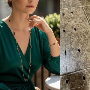 Kendra Scott Kellie Long Station Necklace Gold Black Onyx & duster bag